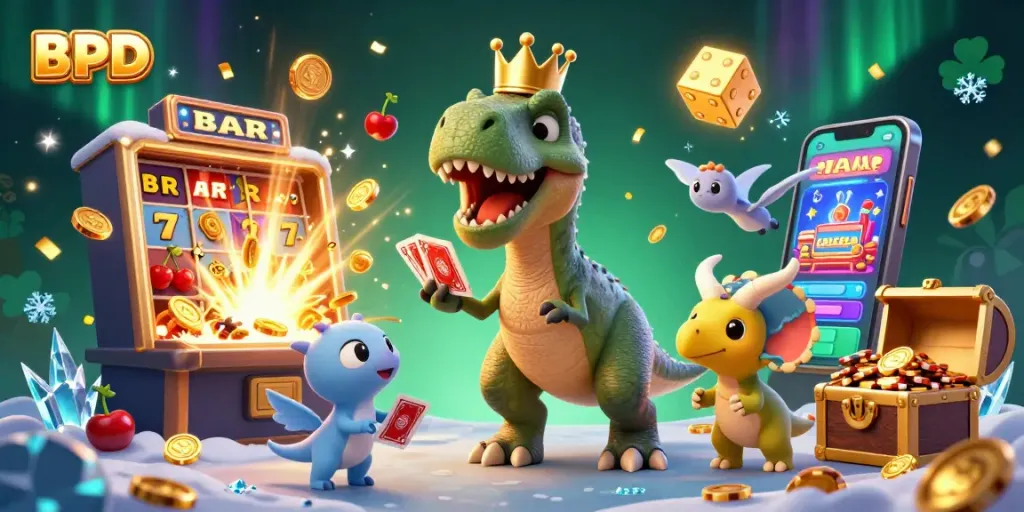 BPD-themed illustration with T-Rex and friends in an engaging casino scene, celebrating big wins.
