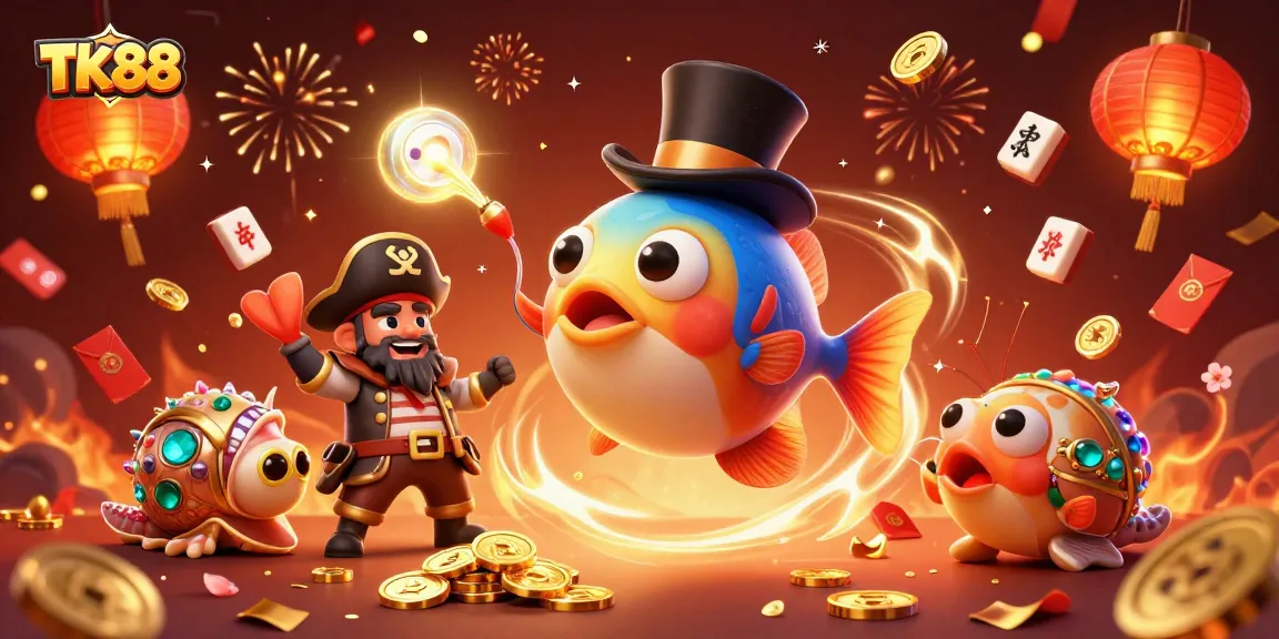 Engage in thrilling gaming action at TK88 with lively characters and vibrant casino elements.