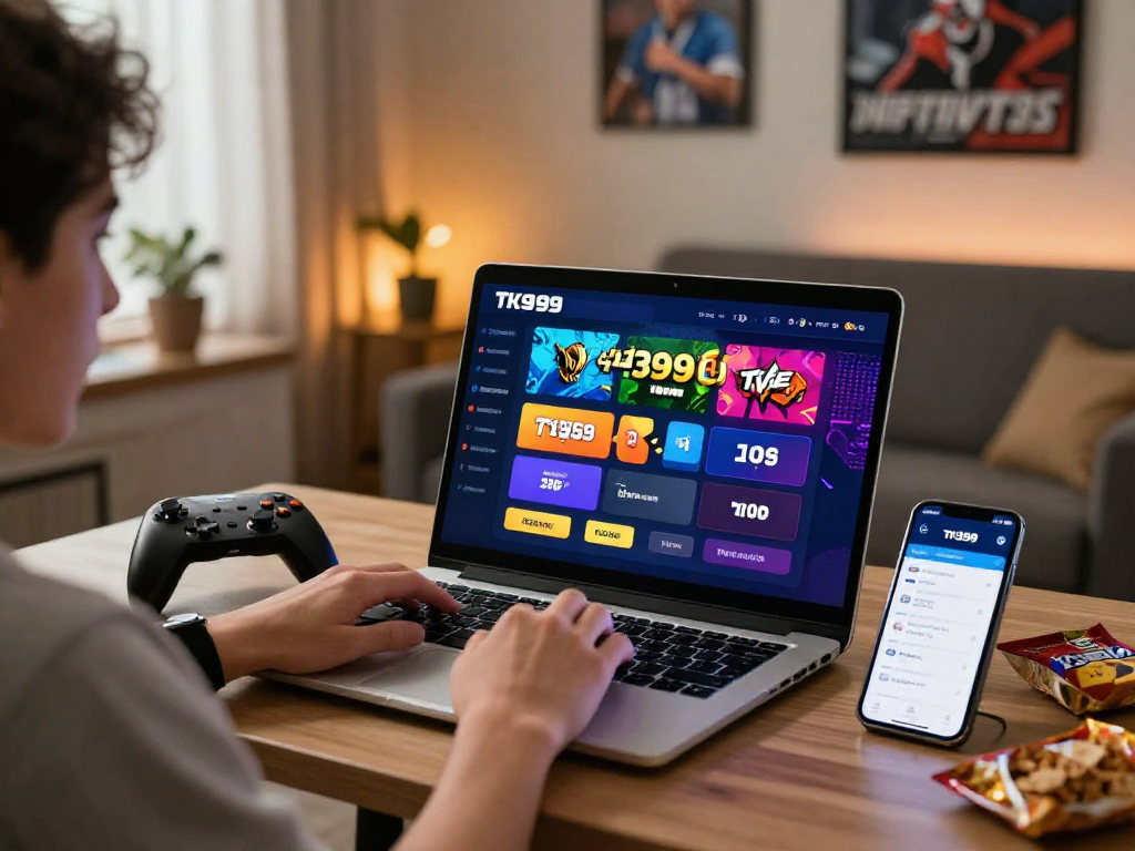 Engaging scene showing a user actively betting on TK999 with laptop and smartphone in a vibrant gaming environment.
