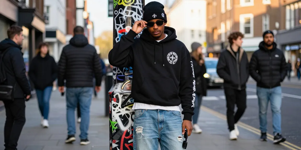 Chrome Hearts stylish streetwear outfit showcasing hoodie, sunglasses, and beanie in London urban setting.