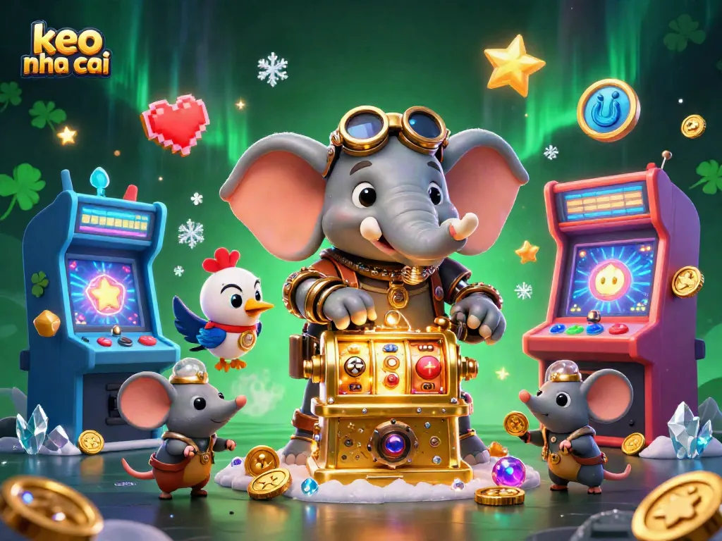 Spin the golden slot machine with keo nha cai features in a vibrant 3D cartoon casino scene.