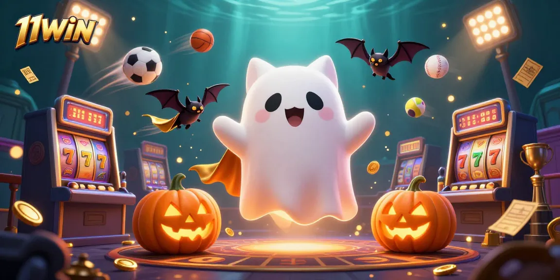 Engage with 11WIN's thrilling casino experience featuring a ghost cat and vibrant gaming elements.