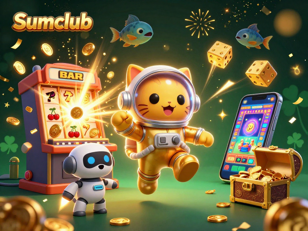 Experience thrilling moments at Sumclub with a vibrant 3D illustration featuring a space astronaut cat and casino elements.