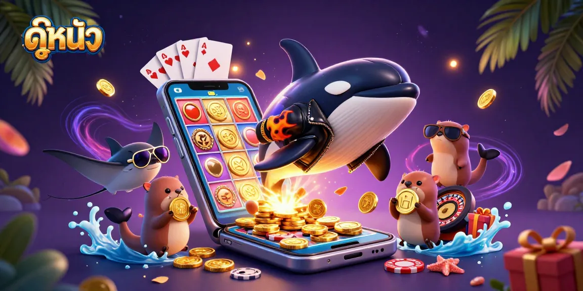 Play fun ดูหนัง with a 3D cartoon orca whale, stingray, and sea otters in an engaging gambling-themed illustration.