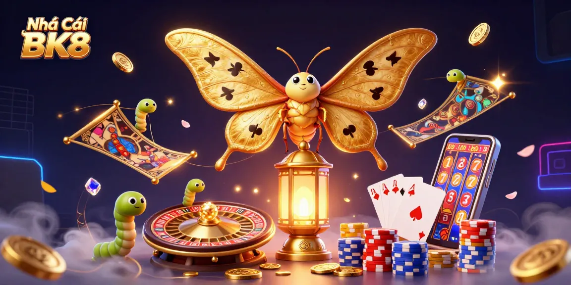 Experience the thrill of Nhà Cái BK8 with golden coins, vibrant games, and a magical casino atmosphere.