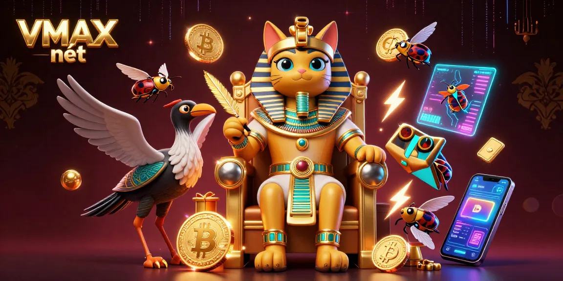 Engage with VMAX nét in an electrifying 3D casino illustration, featuring a regal pharaoh cat and crypto elements.