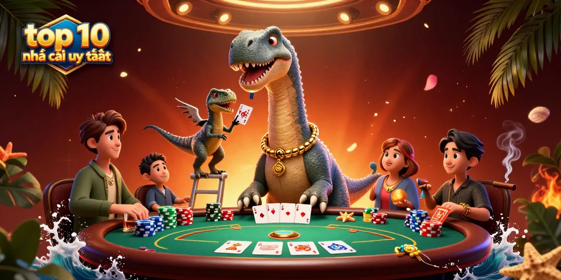 Engage with top 10 nhà cái uy tín through a thrilling 3D casino scene featuring exciting poker elements and vibrant characters.