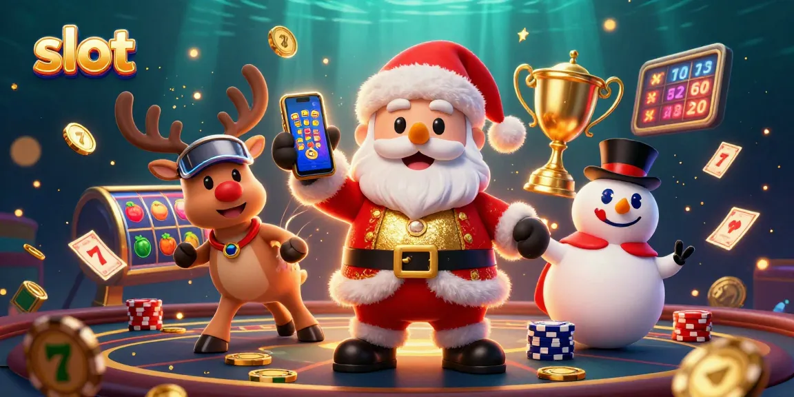 Spin the slots with this vibrant casino-themed illustration featuring Santa, his reindeer, and a snowman.