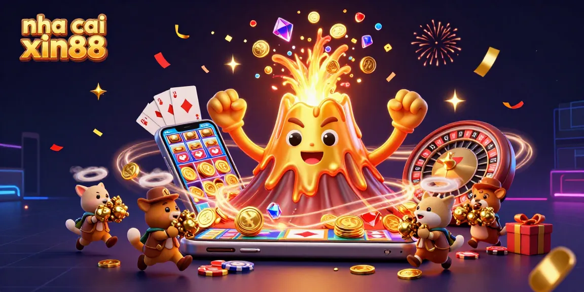 Experience thrilling moments with nha cai xin88 in this captivating 3D illustration featuring a golden volcano erupting coins.