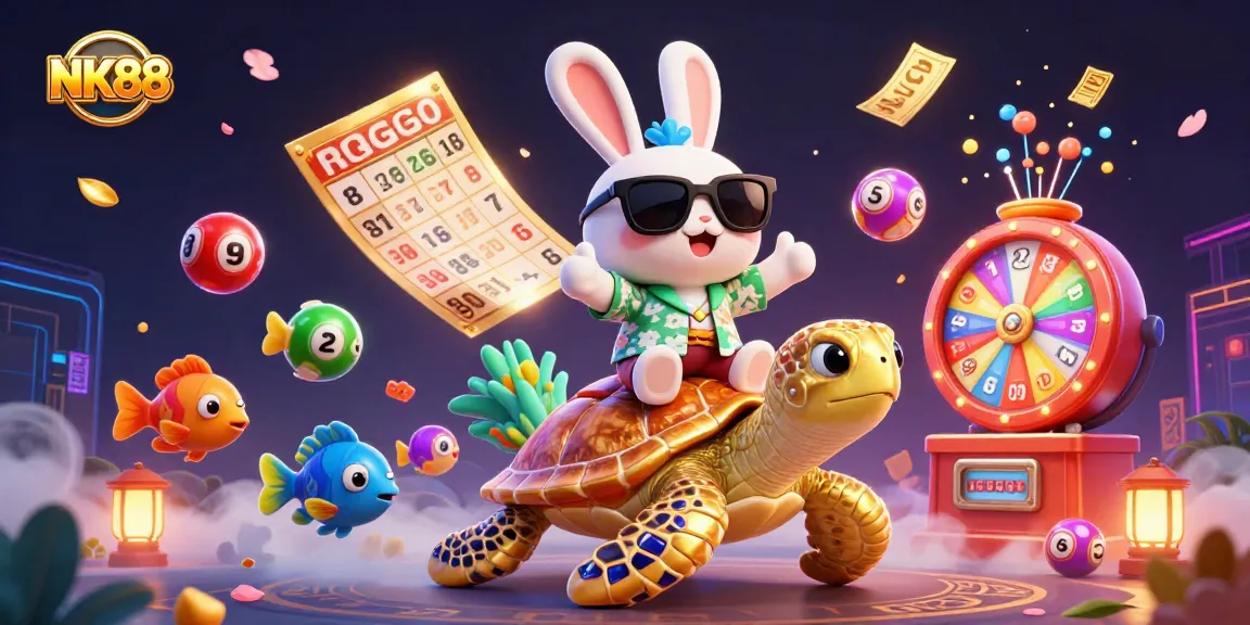 Experience the excitement of NK88's lucky rabbit amidst shimmering lottery elements and vibrant casino graphics.