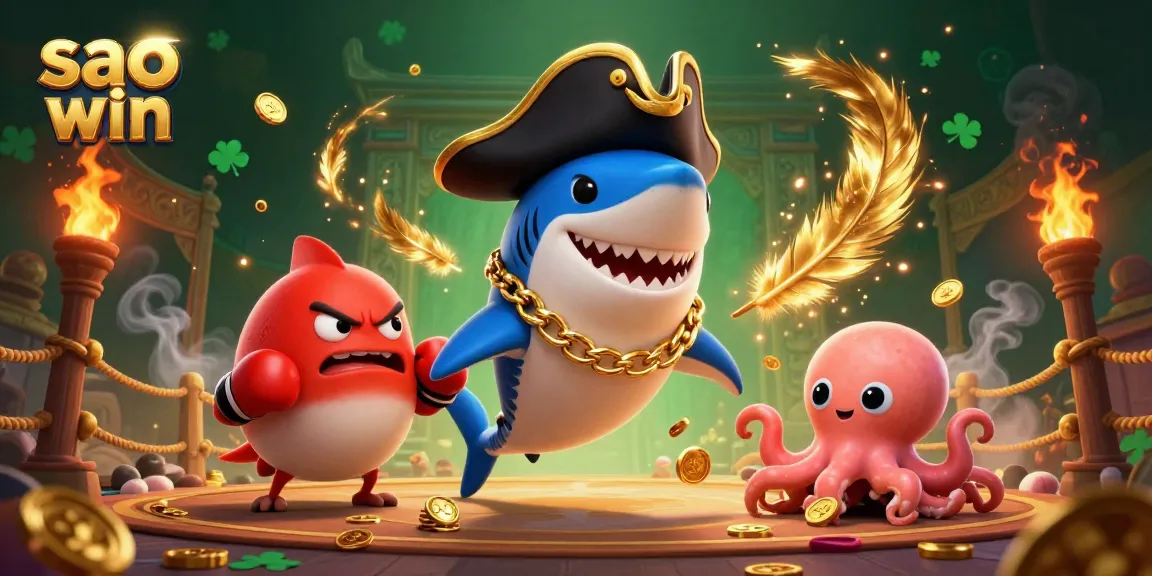 Experience the excitement of sao win with a thrilling casino scene featuring a pirate shark, pufferfish, and octopus, surrounded by gold coins and dynamic elements.