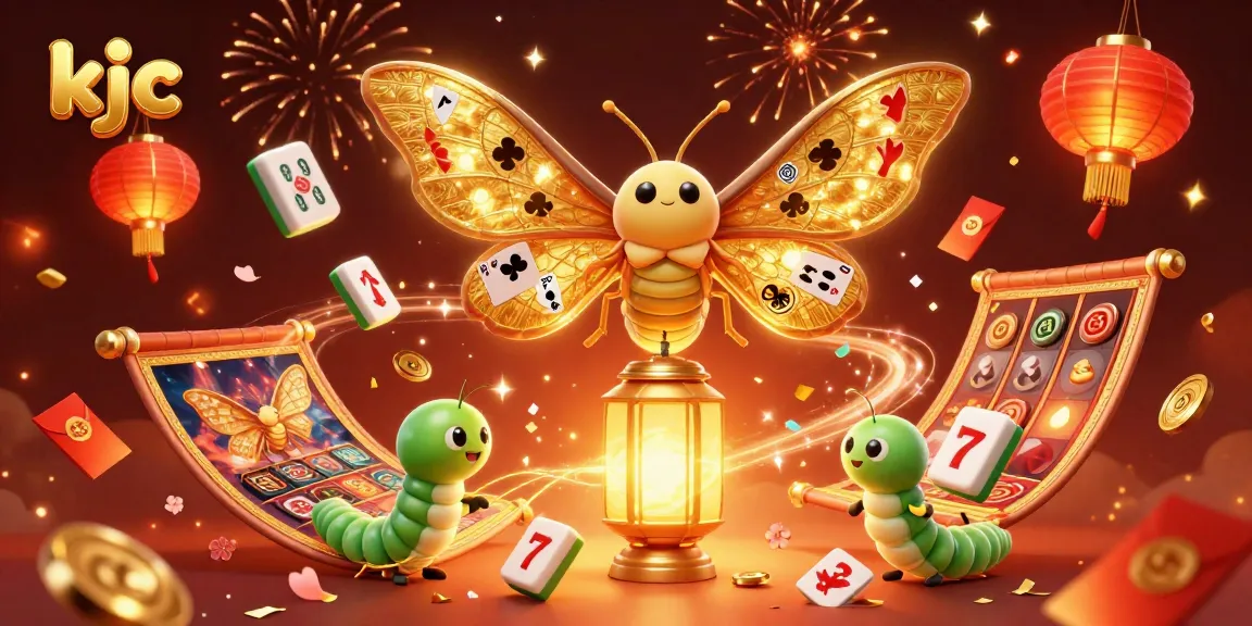 KJC casino scene with a golden moth, floating mahjong tiles, and vibrant 3D elements enhancing the gaming experience