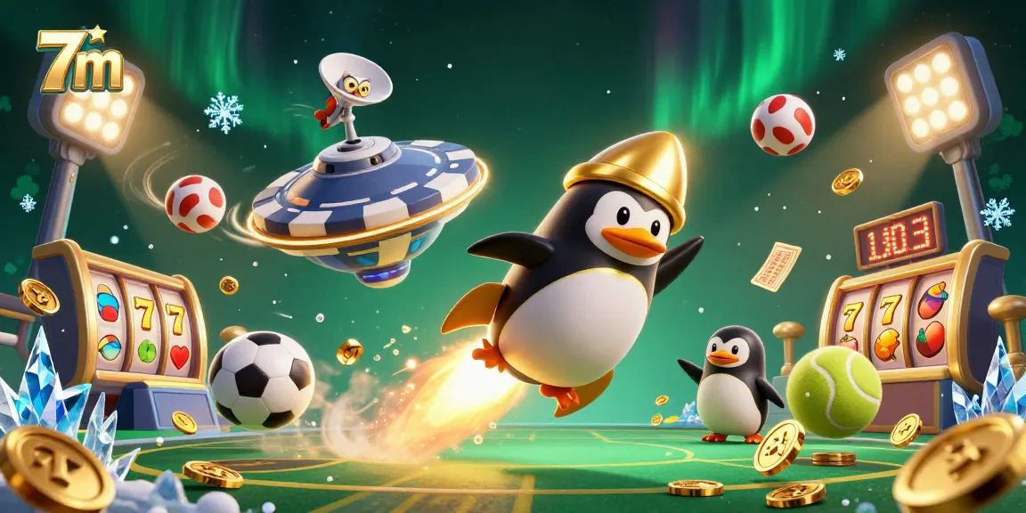 Experience the thrill of 7m casinos with a vibrant scene featuring a golden penguin and slot elements.