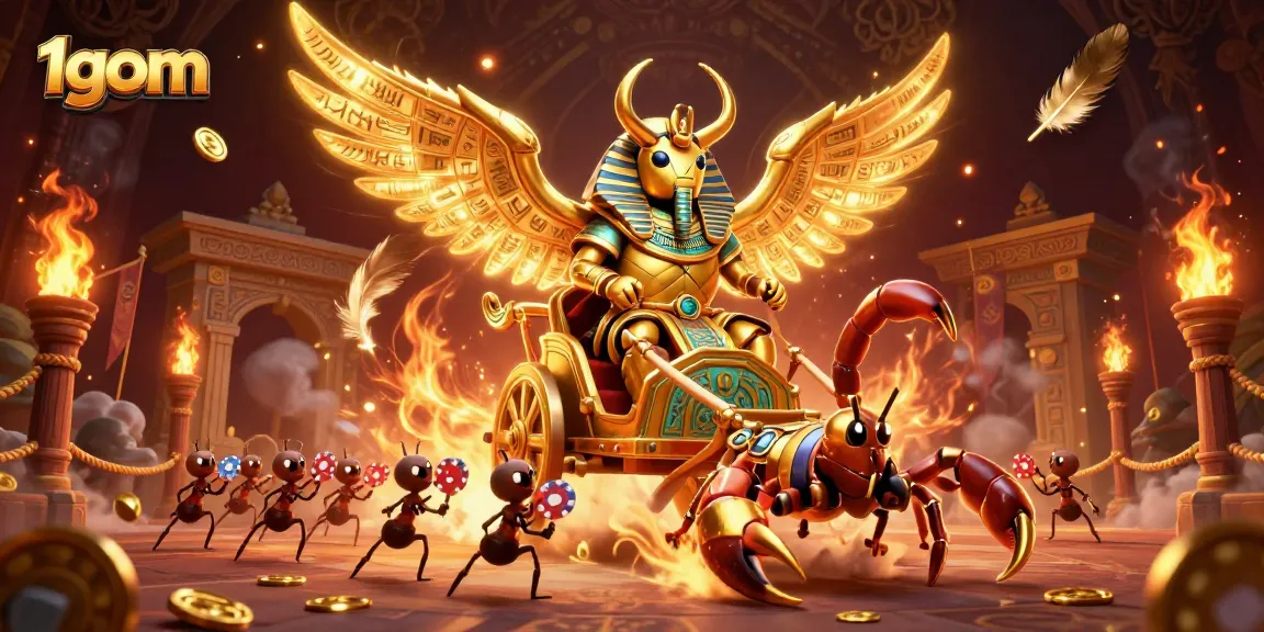 1gom sports betting action evokes excitement with a golden scarab beetle and jewel-encrusted scorpions in a dynamic 3D scene.