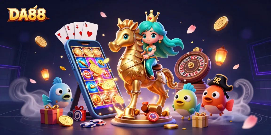 Experience thrilling gameplay with DA88 in this vibrant casino-themed 3D illustration showcasing adventure and excitement.