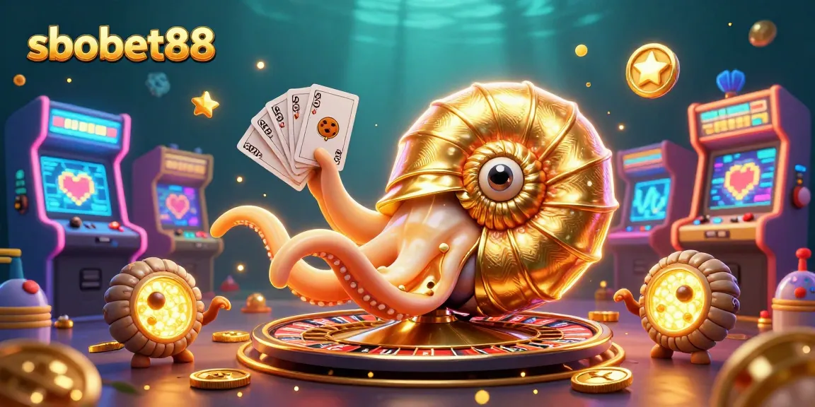 SBOBET88 offers a thrilling gaming experience with a vibrant 3D cartoon scene featuring a nautilus roulette wheel.