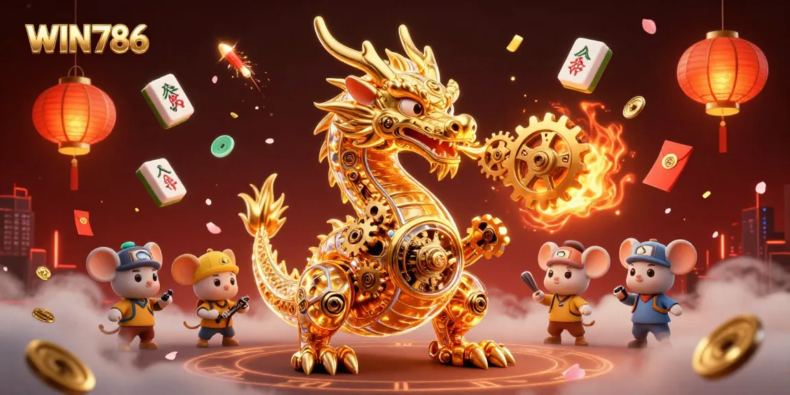 Engage in thrilling gameplay with WIN786’s captivating casino universe featuring a dragon and vibrant game elements.