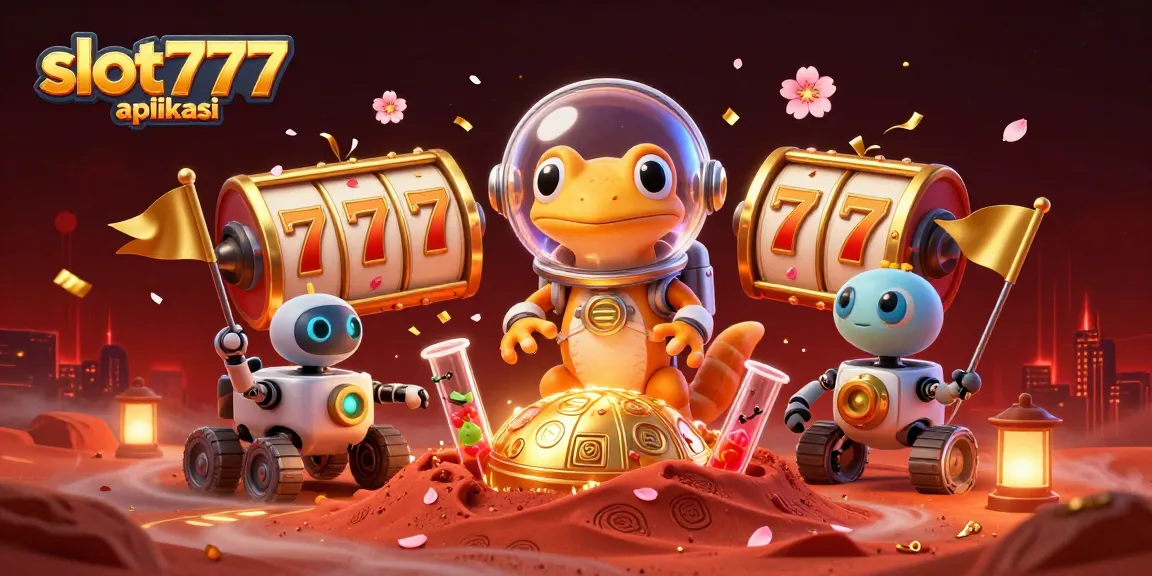 Experience thrilling wins with slot777 aplikasi in this vibrant casino-themed illustration.