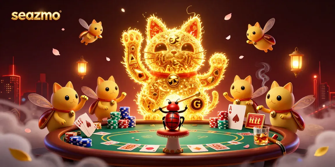 Seazmo showcases a golden lucky cat surrounded by vibrant casino elements, engaging gamblers.
