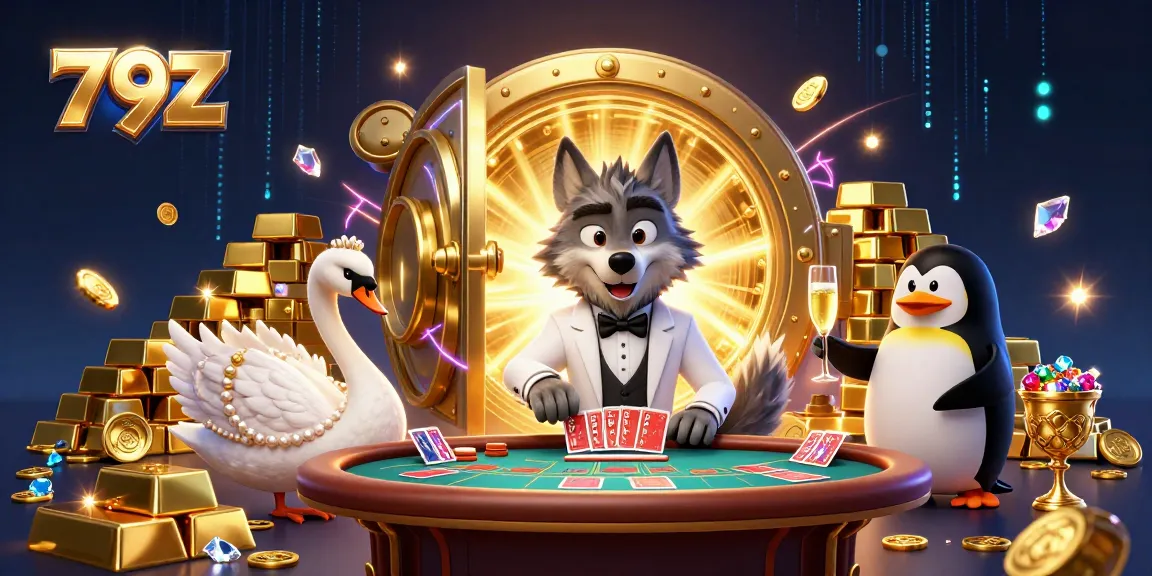 Immerse in the vibrant world of 79Z with a debonair wolf, elegant swan, and sophisticated penguin at a high-stakes baccarat table.