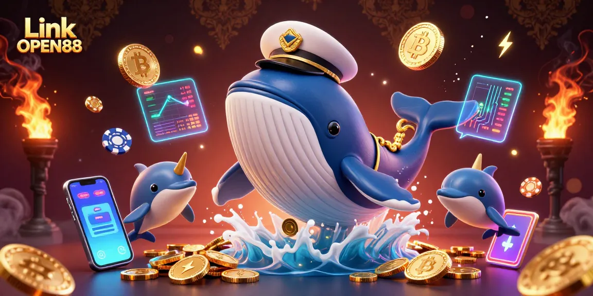 Experience Link OPEN88 with a vibrant 3D scene of a whale breaching coins, celebrating gaming excitement.