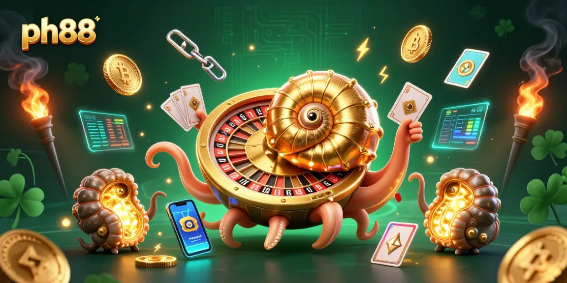 Engage with exciting ph88 casino gameplay featuring a golden roulette-nautilus with cryptocurrency elements in action.