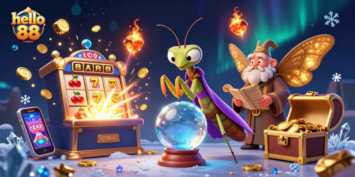 Hello 88 engages players with a vibrant casino scene featuring whimsical fortune tellers and exciting slot game elements.