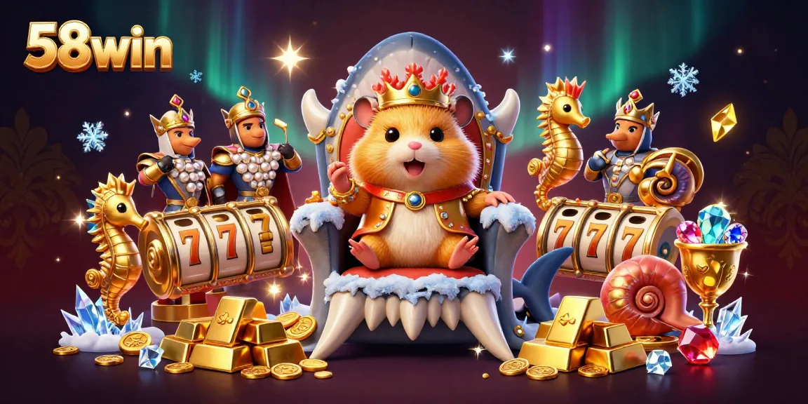 Engage in thrilling gameplay at 58win featuring a rich illustrated scene with a golden hamster king, royal guards, and casino elements.