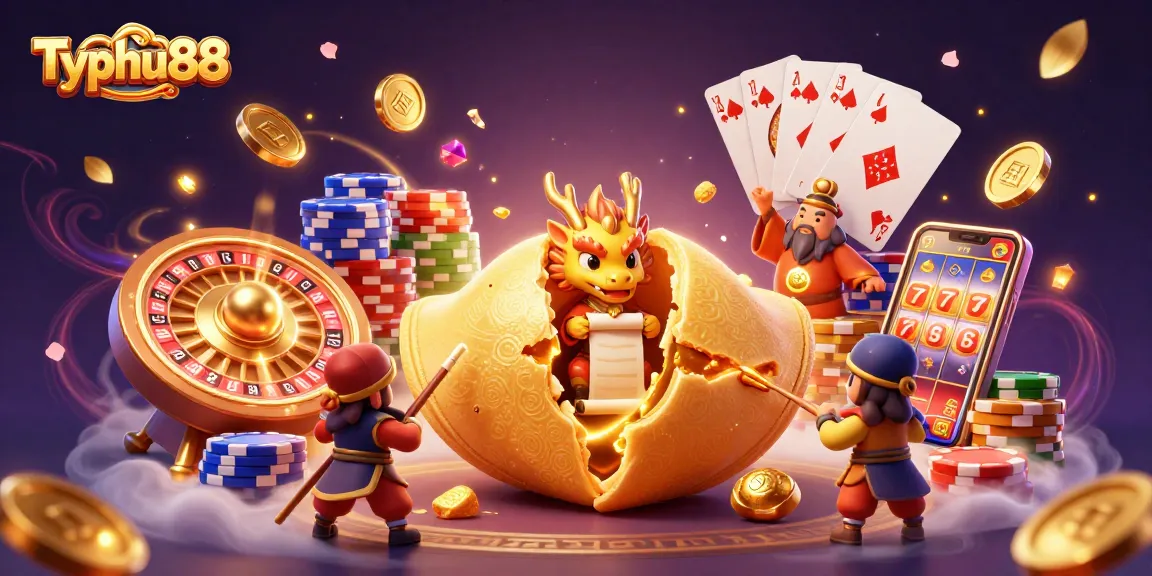 Engage with Typhu88's dynamic casino scene featuring a golden fortune cookie and coins.