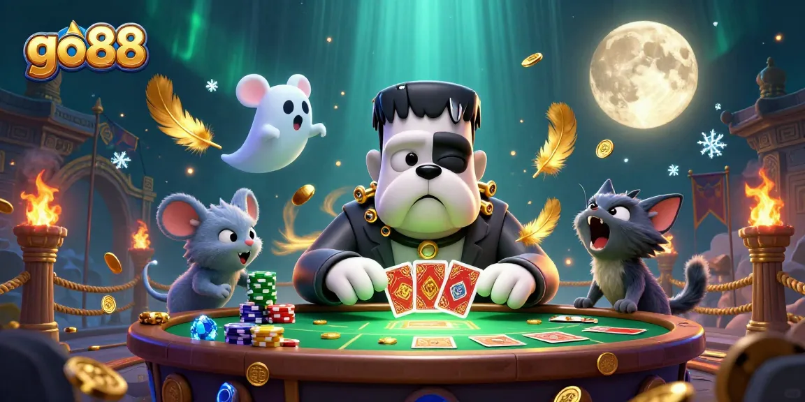 Engage with go88's thrilling atmosphere featuring a 3D Frankenstein bulldog dealer, ghost mouse, and werewolf kitten.