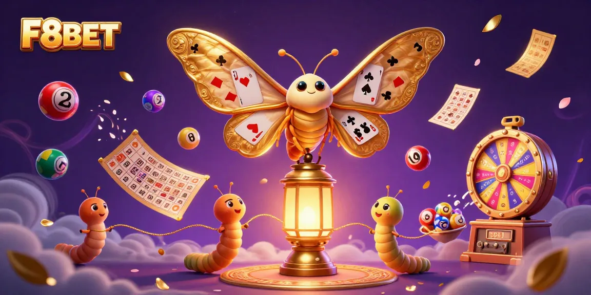 Engage in thrilling experiences with F8BET, featuring vibrant lottery elements and a majestic moth illustration.
