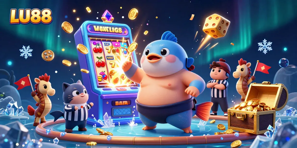 LU88's vibrant 3D illustration showcases a fugu in a sumo setting with celebratory casino elements.
