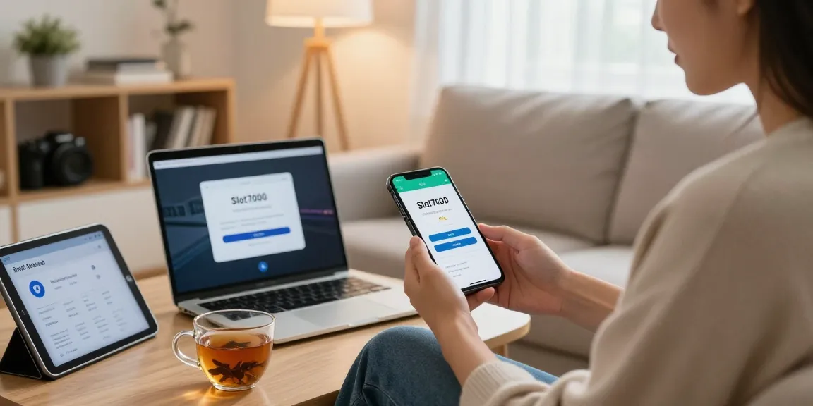 Engaged user accessing Slot7000 application on smartphone in a cozy home setting.