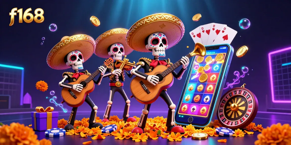 Experience thrilling slots at f168 with vibrant mariachi characters and golden coins erupting from smartphones.