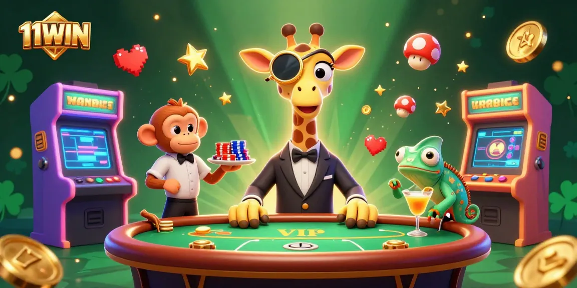 Engage with 11WIN's vibrant casino scene featuring a glamorous giraffe, monkey valet, and chameleon bartender.