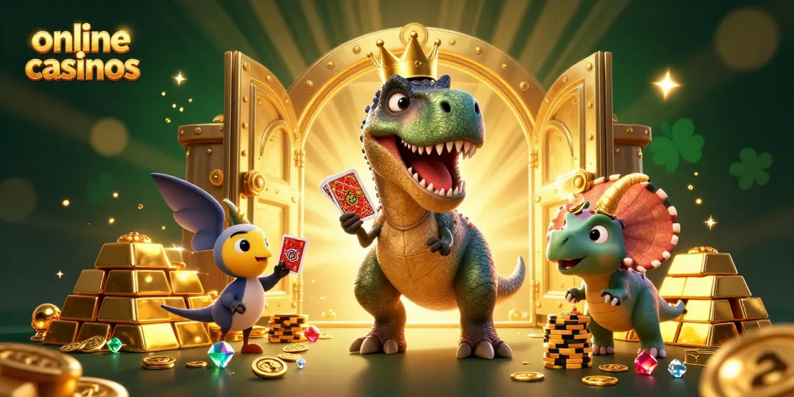 Engage with online casinos through a whimsical, energetic 3D T-Rex card game scene.