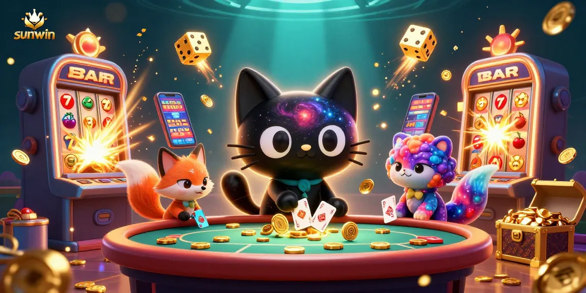 Sunwin's cosmic casino scene with a black hole cat and a nebula fox in 3D illustration.