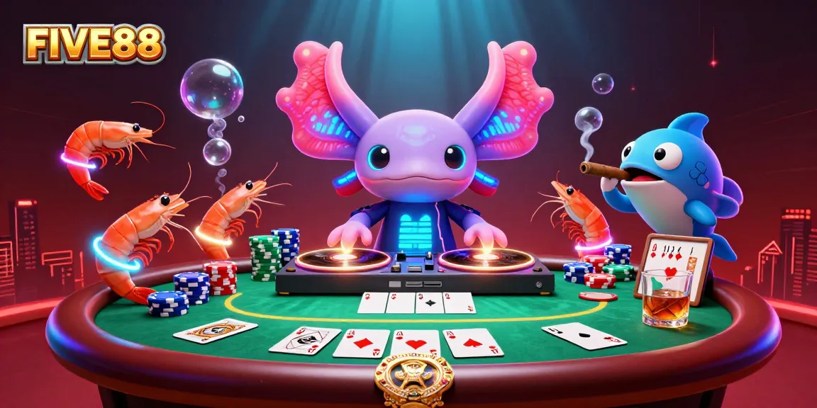 Engage with FIVE88's vibrant poker scene featuring a neon axolotl DJ and dynamic gambling elements.