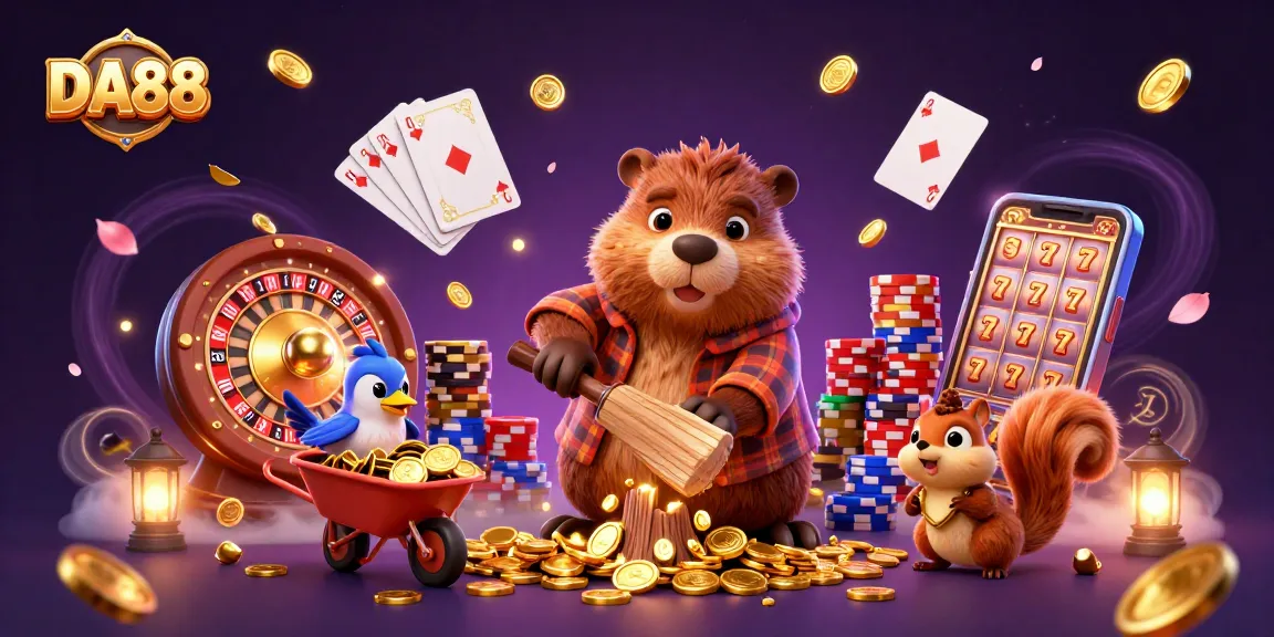 Experience DA88 in this vibrant illustration with a cartoon lumberjack beaver and dynamic casino elements.