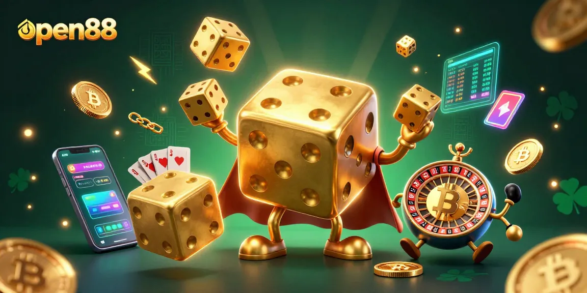 open88 showcases a vibrant 3D scene of a golden dice golem and crypto elements in a casino-themed illustration.